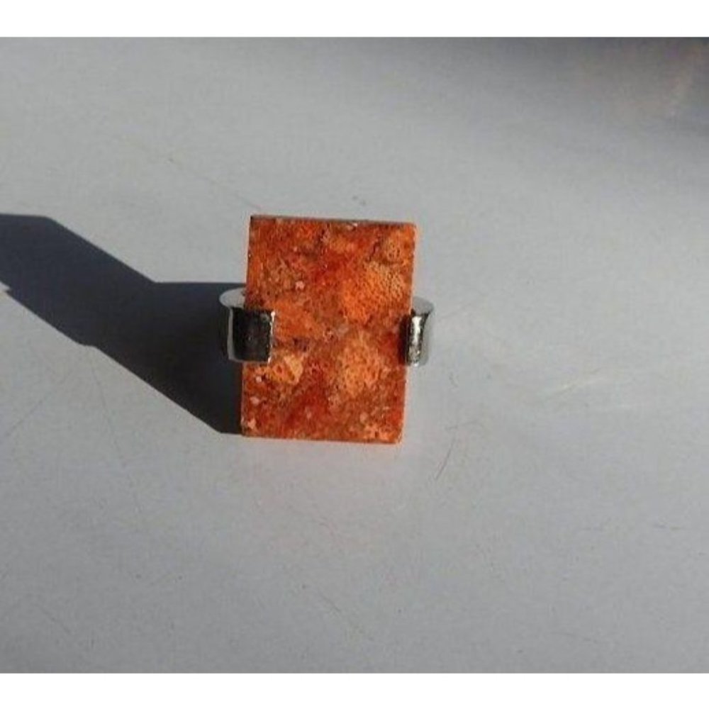 Sterling Silver Ring, Large Red Orange Stone, Sz 6